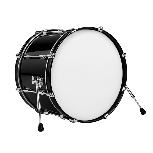 Black Bass drum with white drumhead on a white background