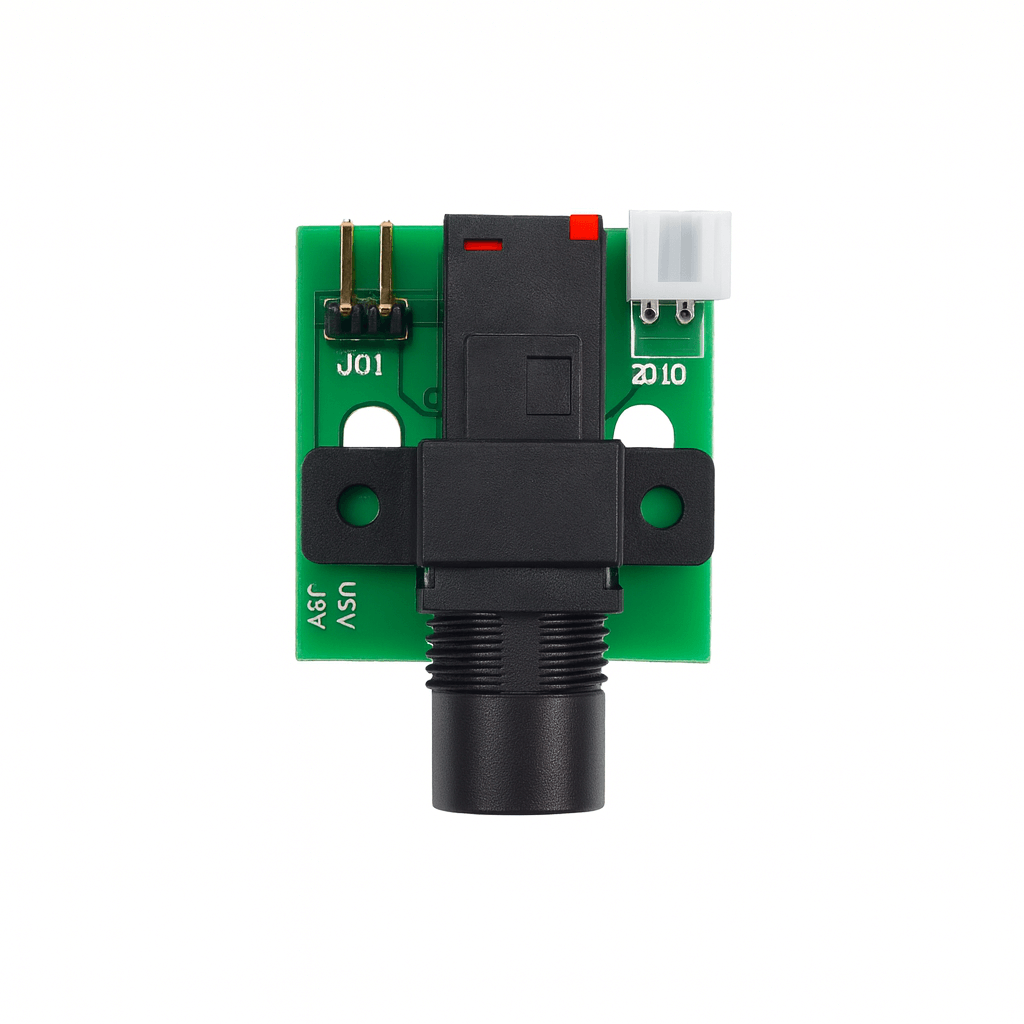 Electronic component on a green printed circuit board with visible text and connectors.