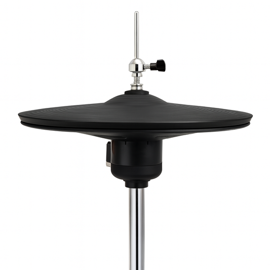 Black cymbal on a stand with a white background