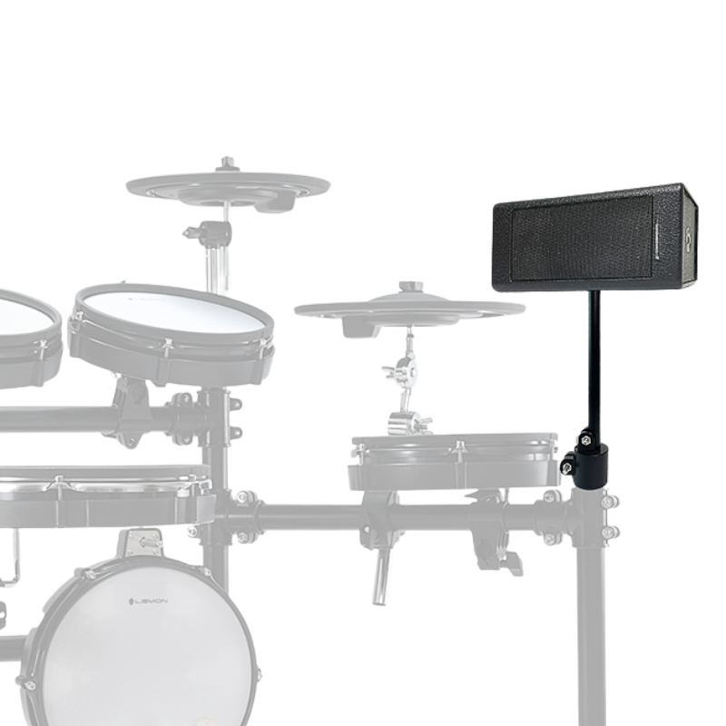 Electronic drum set with a speaker attached on a white background