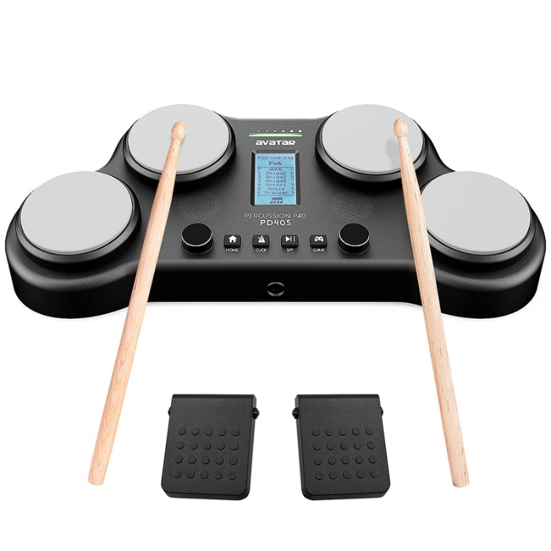 Electronic drum set with drumsticks and foot pedals on a white background