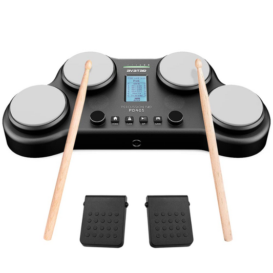 Electronic drum set with drumsticks and foot pedals on a white background