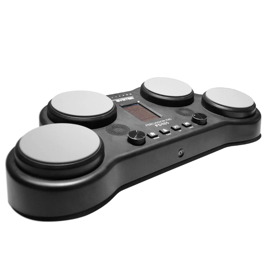 Black electronic drum pad with four white drum heads on a white background