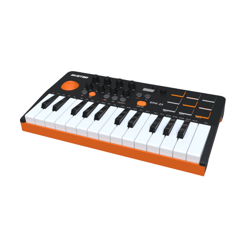 Keyboard controller with black and white keys and orange accents on a white background