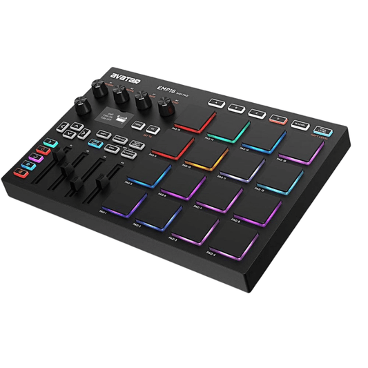 Black electronic music controller with colorful pads on a white background