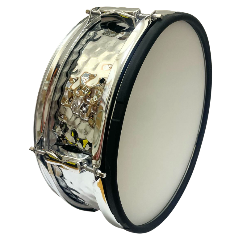 Snare drum with decorative side plate on a white background