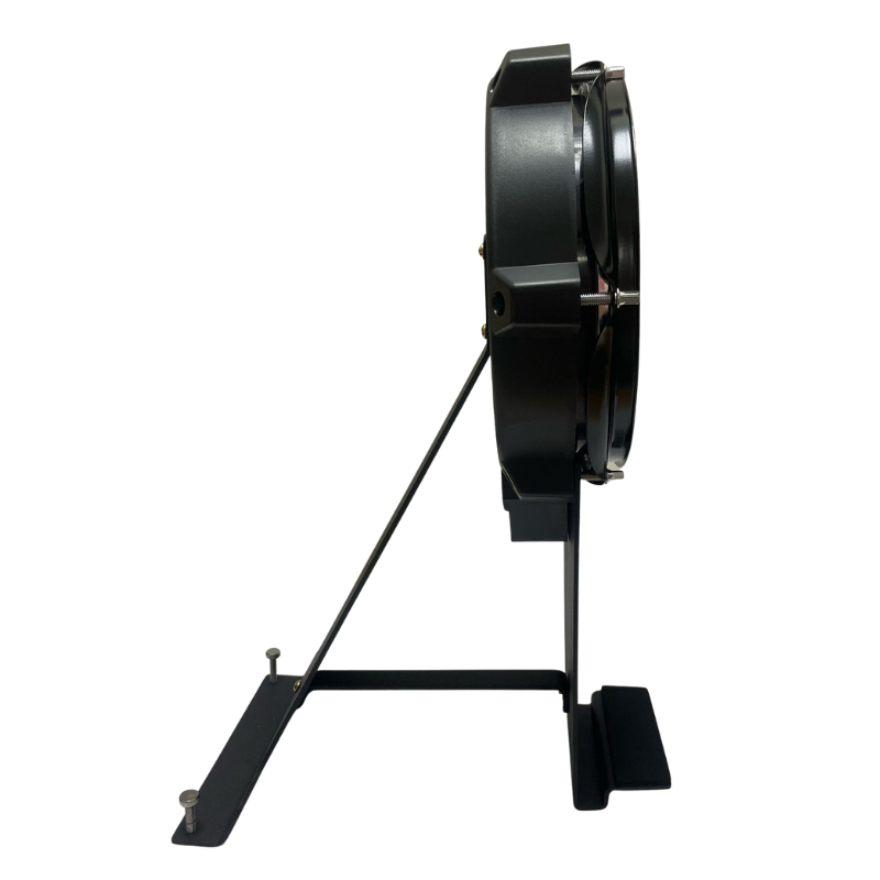 Black metal stand with circular component on a white background