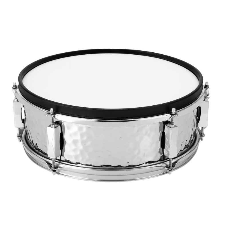 Snare drum with a metallic finish on a white background