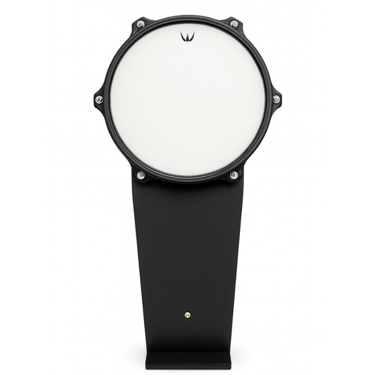 Black and white drum pad on a stand with a brand logo