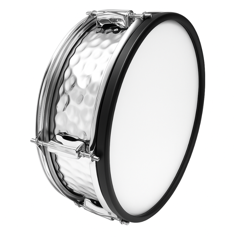 Snare drum with clear shell and white head on a white background