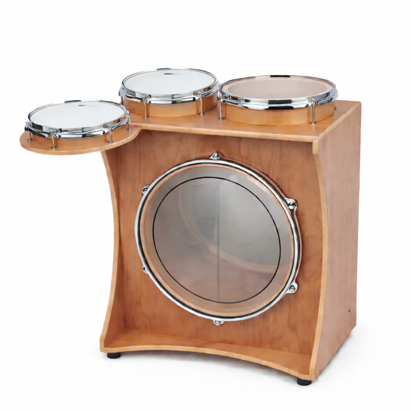 Wooden drum set with three drums on a white background