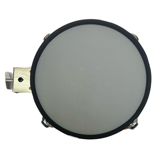 Round metallic object with a reflective surface on a white background