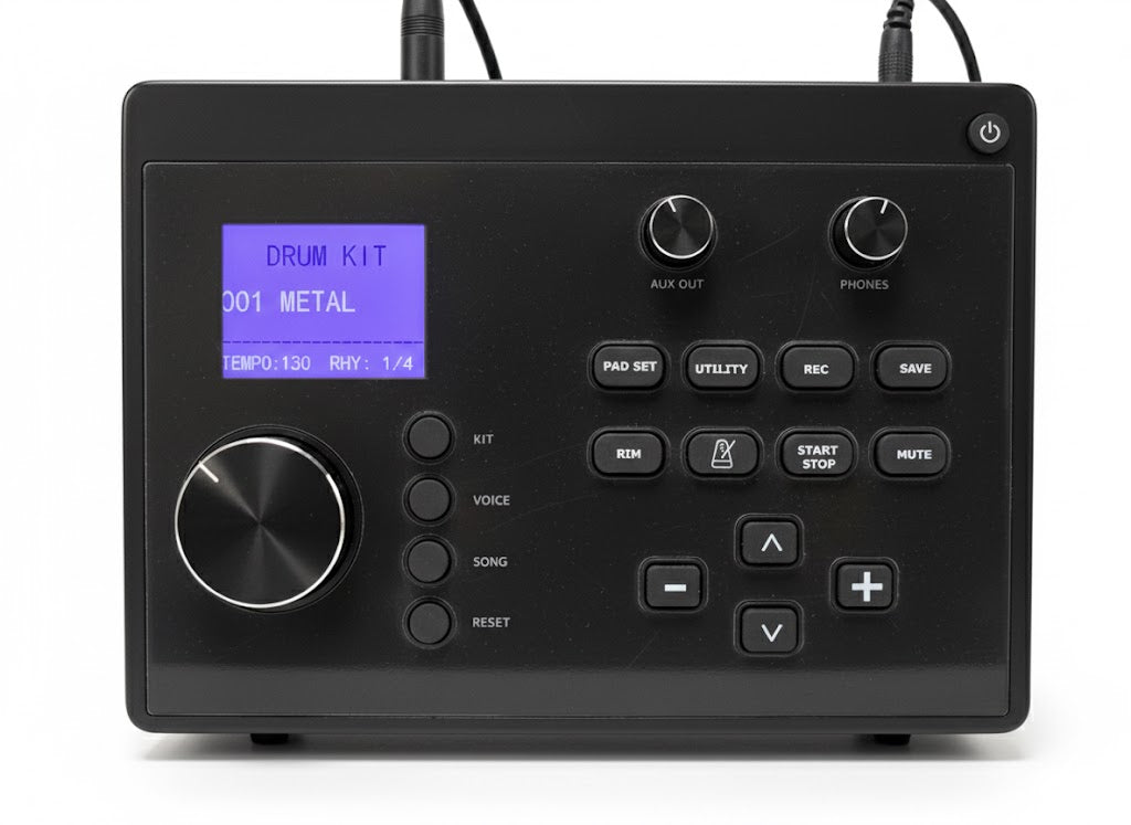 Black electronic device with control panel and display on a white background