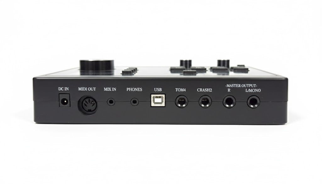 Back view of an audio interface with various ports on a white background