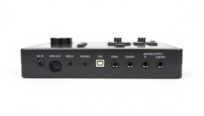 Back view of an audio interface with various ports on a white background