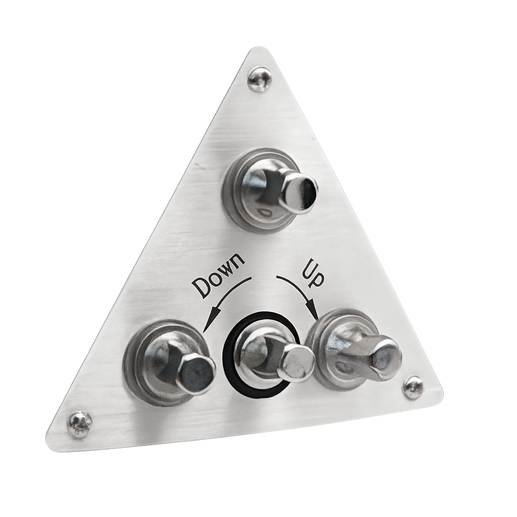 Triangular metal switch panel with labeled buttons on a white background