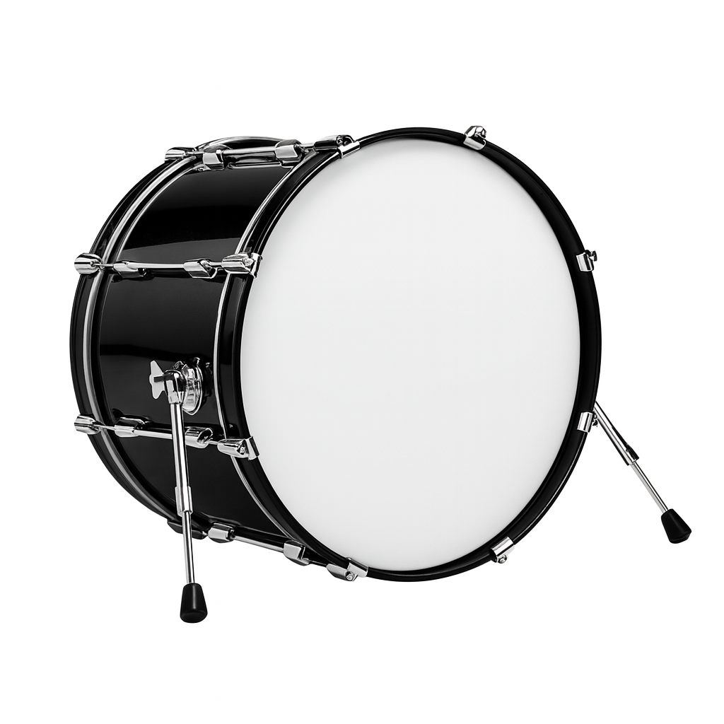 Black Bass drum with white drumhead on a white background