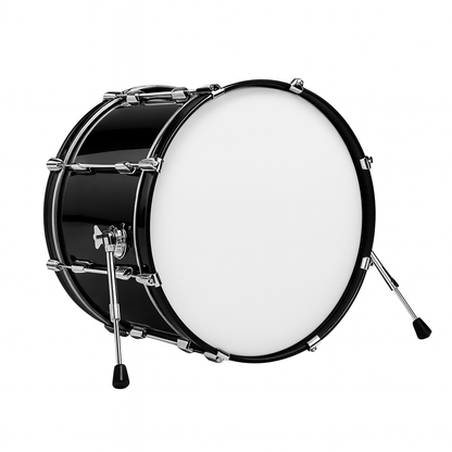 Black Bass drum with white drumhead on a white background