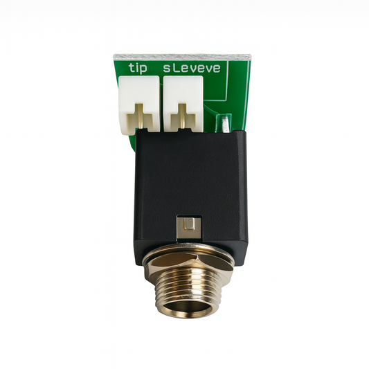 Electronic component with green circuit board and brass fitting on a white background