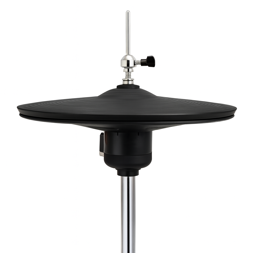 Black cymbal on a stand with a white background