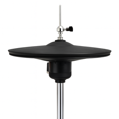 Black cymbal on a stand with a white background