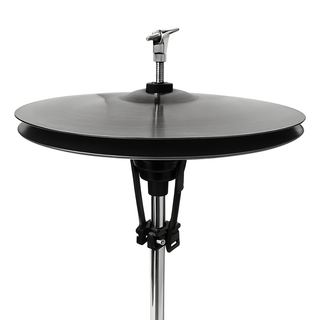 Black cymbal on a stand with a white background