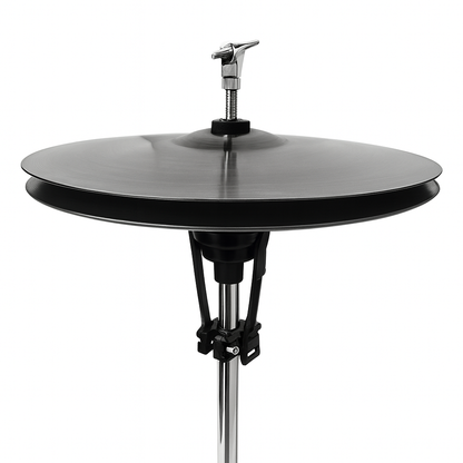 Black cymbal on a stand with a white background