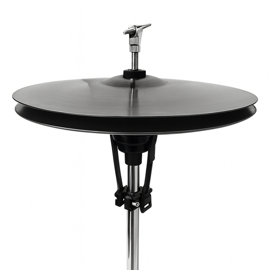 Black cymbal on a stand with a white background