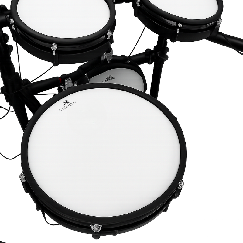 Electronic drum set with white drums on a black background