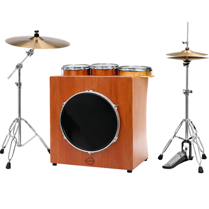 Wooden drum set with cymbals and stands on a white background