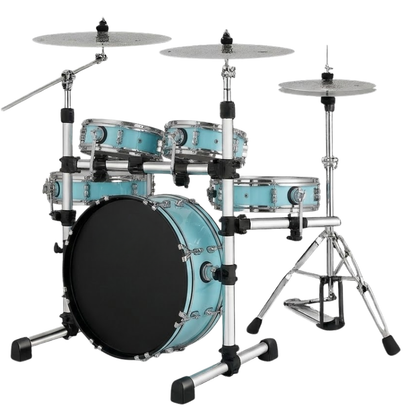 Turquoise drum set with cymbals on a white background