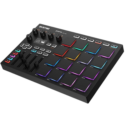Black electronic music controller with colorful pads on a white background