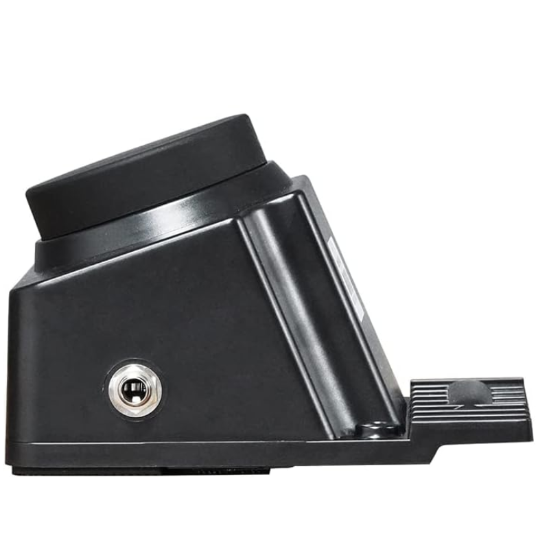 Black metal bracket with a cylindrical component on a white background