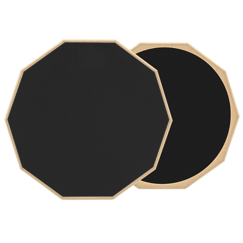 Two black octagonal drum pads with beige edges on a white background