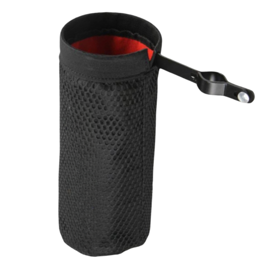 Black mesh cup holder with red interior on a white background