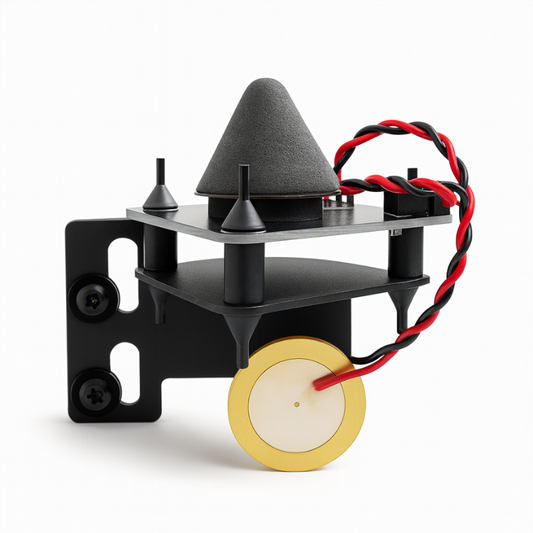 3D-printed mechanical component with a wheel and sensors on a white background
