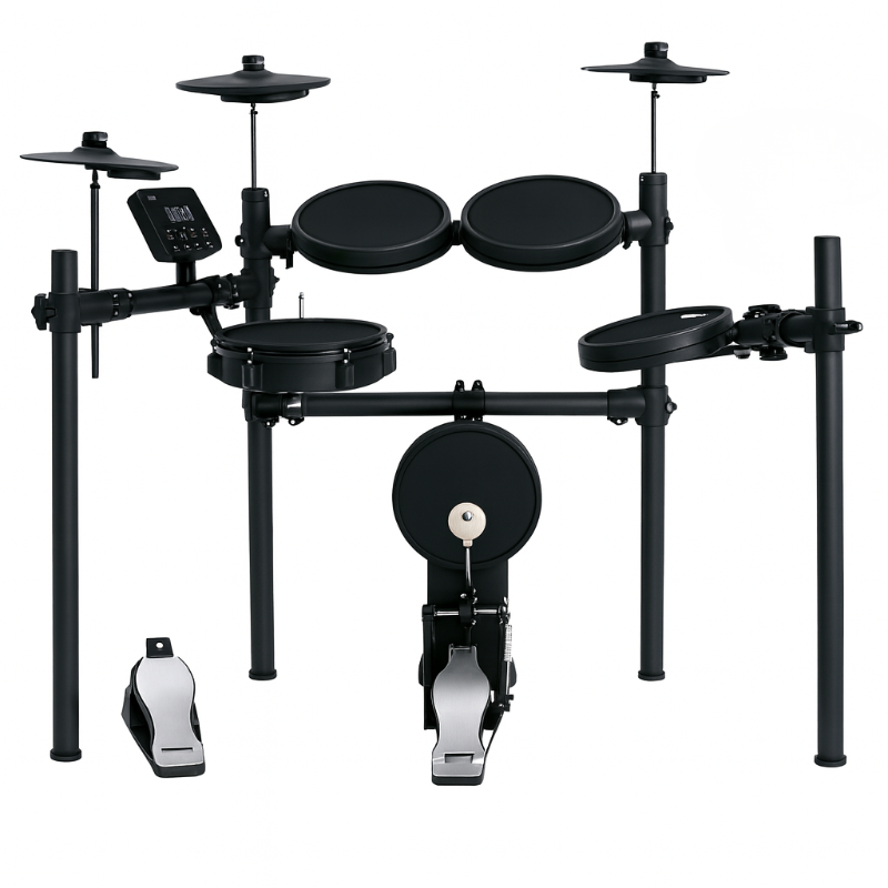 Electronic drum set with various drums and a foot pedal on a white background