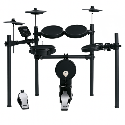 Electronic drum set with various drums and a foot pedal on a white background
