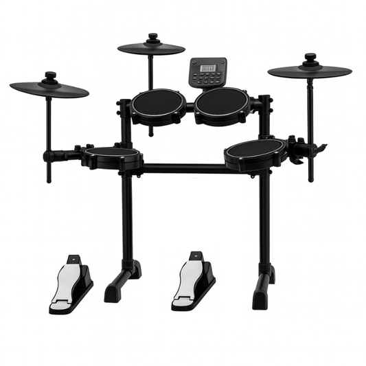 Black electronic drum set with digital display on a white background