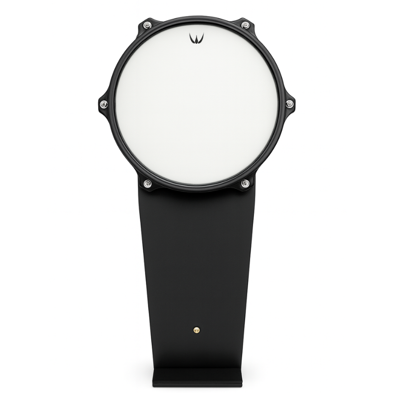 Black and white drum pad on a stand with a brand logo