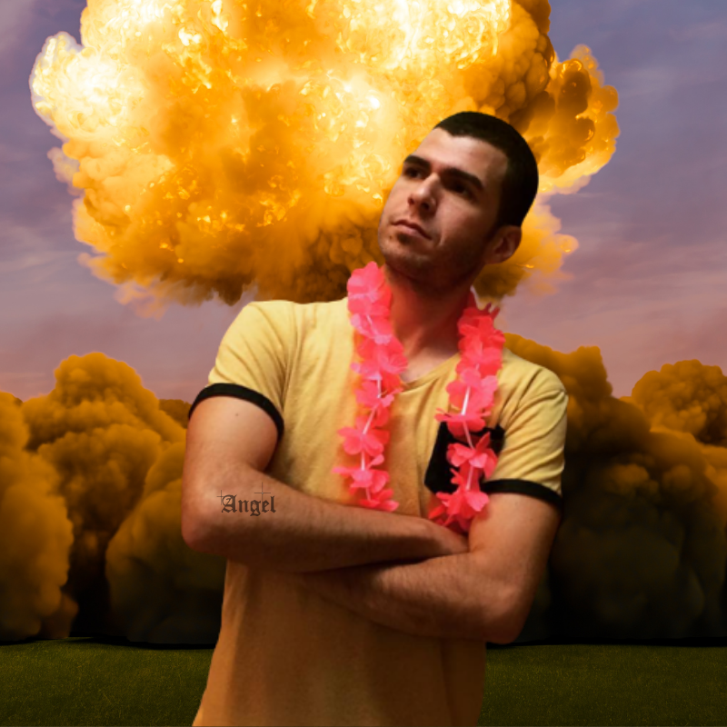 Person with a pink lei standing amidst yellow smoke clouds against a purple sky.